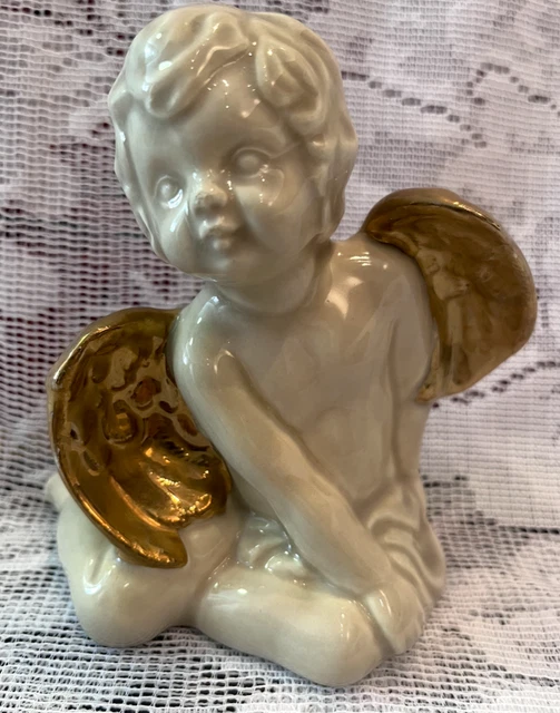 Glazed Pottery Cherub w/ Gold Wings Angel Figurine Baby ~ Brown ~  Backstamp 5"