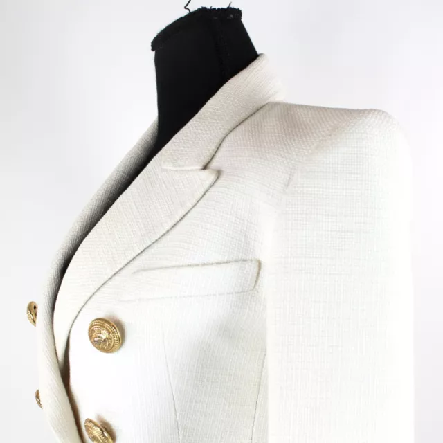 Balmain White Double Breasted Blazer 36 Woven Cotton Lion Gold Button Detail XS 3