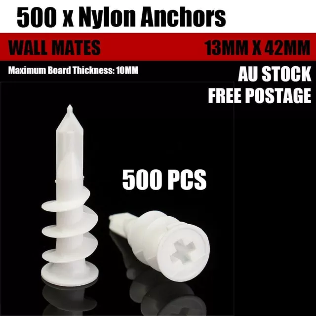 500 PCS Nylon Anchors Screws 13mm x 42mm Wall Mates For Plaster Board ND-0903