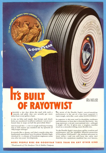 1938 GOODYEAR TIRE advertisement, Double Eagle Whitewall tire, color art