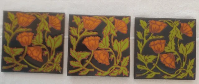 Set of 3 Floral Design Art Nuevo Tiles Elaine Cain Vintage Deco 6X6"