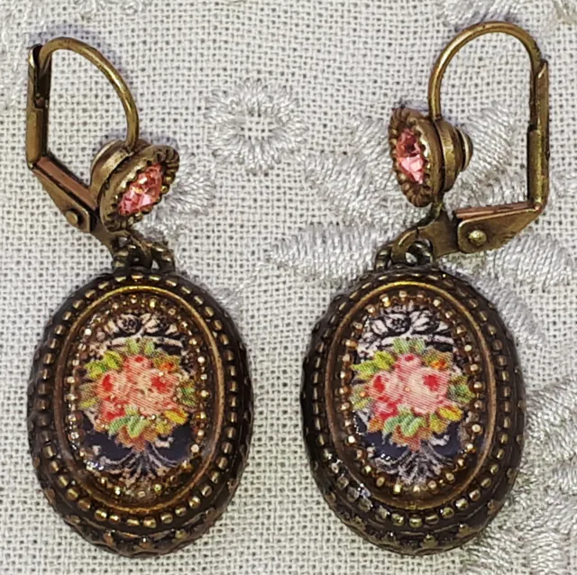 Michal Negrin Dangle Earrings Victorian Roses Oval Cameo Vintage Retro Flowers