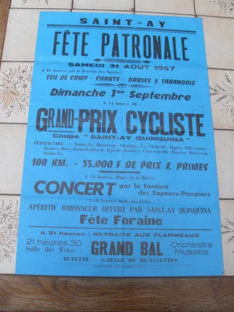 AFFICHE ANCIENNE "  Grand Prix Cycliste, Fête Patronale  SAINT-AY "  1 Sept 1957