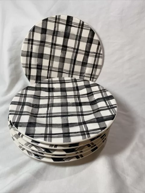 PIER 1 WATERCOLOR BLACK AND WHITE PLAID Set/6 Ironstone 8¾" Salad Plates