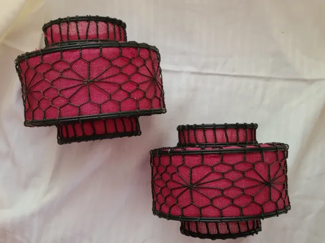 2 Antique 19th Century Chinese Wire Lanterns Round Hand Wrought RED MESH 4"