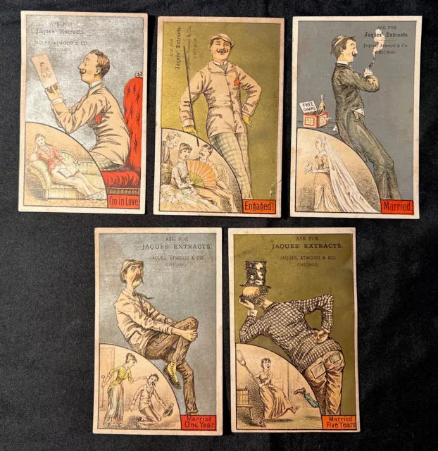 Set of 5 HTF Victorian Trade Cards 5 Years of MARRIAGE Jaques Extracts 1882