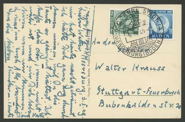 F. Zone Baden Nr. 47 + 49 MiF Postkarte MEERSBURG 6.10.49 - STUTTGART