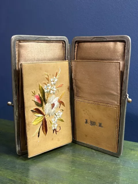 Edwardian Ladies Calf Leather & Silk Embroidered Detail Calling Card Case