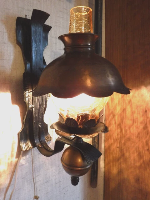 VINTAGE Wall Mount Oil Lamp ELECTRIFIED Cast Iron Lamp Holder w Crackle Globe