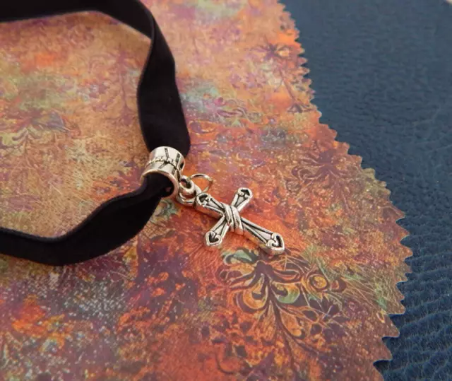 Cross Choker Necklace Handmade Adjustable Silver Black Velvet Ribbon Women