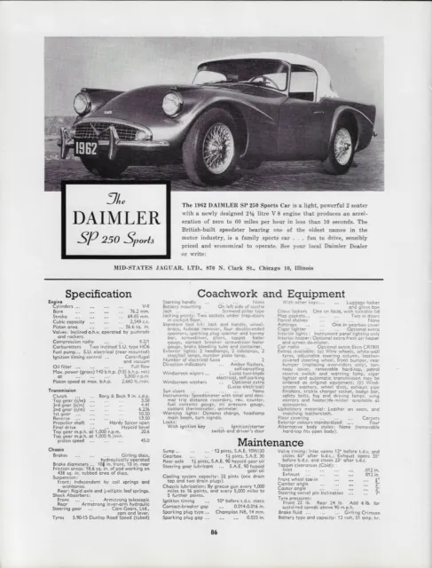 1962 Daimler SP 250 Sports Car light Powerful 2 Seater V8 Photo VINTAGE PRINT AD