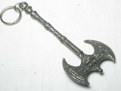 vintage key chain double sided ax ornate small 4" Gothic Celtic style ? face det