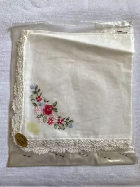 Rosdale Handkerchief with floral embroidery & lace. Cotton. new in packet. 041