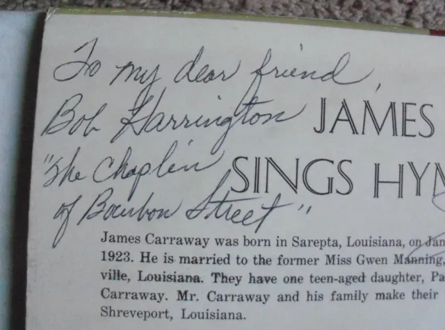 James Carraway LP SIGNED INSCRIBED to Bob Harrington Chaplain of Bourbon Street!
