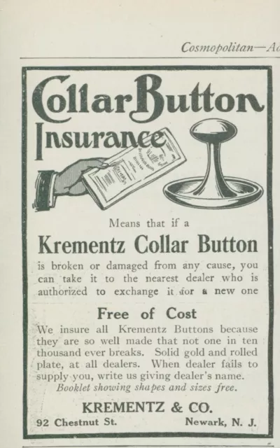 1910 Krementz Collar Button Free Insurance Newark NJ Vintage Print Ad CO2