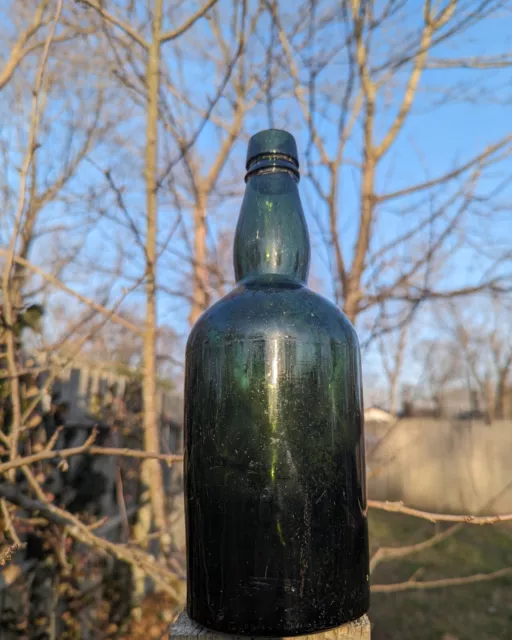 Late 1800's Antique Dark Olive Green Whiskey Bottle Cork Top Bubbles Lady's Leg