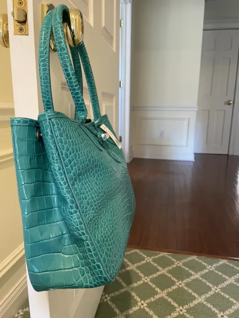 NWT Authentic Longchamp Roseau Croc Embossed Leather Tote Bag Turquoise 4