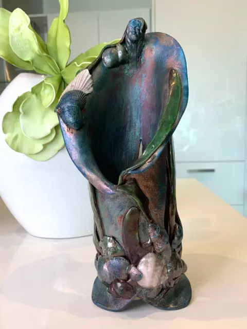 Raku Blue-Copper Color 10" Pottery Art / SeaFloor & SeaShells Cluster