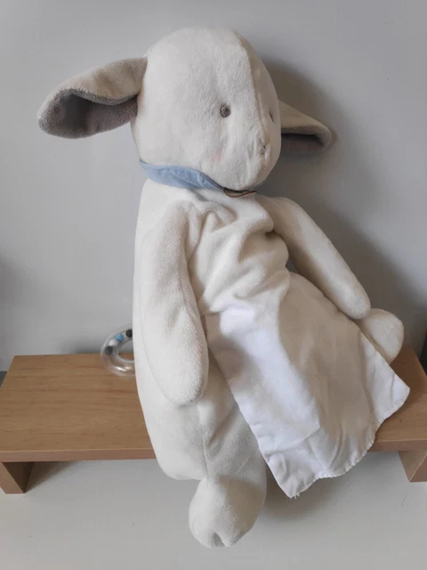 Peluche doudou mouton blanc gris col bleu mouchoir anneau état neuf Jacadi