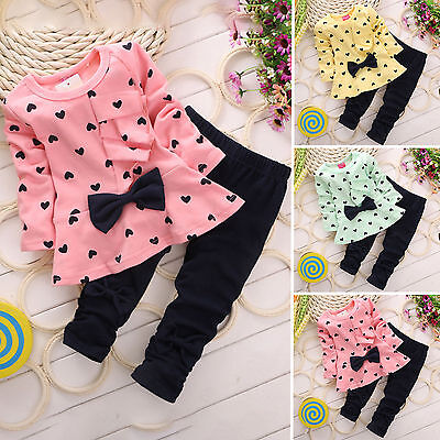 Baby Kids Girls Casual Heart Polka Long Sleeve Bow Tops Joggers Pants Outfits