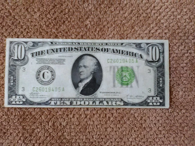 1928 Series B $10 Ten Dollar Banknote, Lime Green Seal, Xf+, Philadelphia-Issued