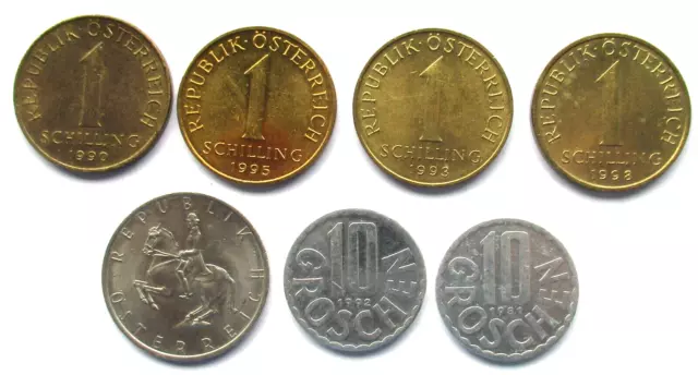 Austria Lot 5 Schilling & 4 x 1 Schilling 1974 & 2 x 10 Penny 1981-1998