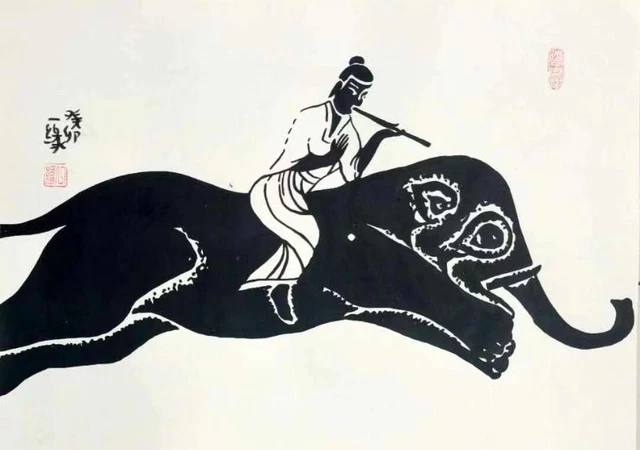 handmade chinese painting on paper :rider on an elephant