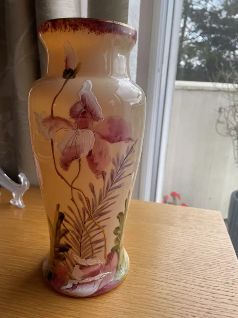 Lovely Vintage Hand Painted Caramel Glass Vase 27cm High