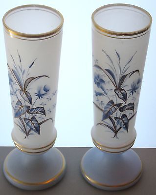 Antique Hp Gold Enameled Bristol Art Glass Vases Pair England 1880-1890 10 1/8"H