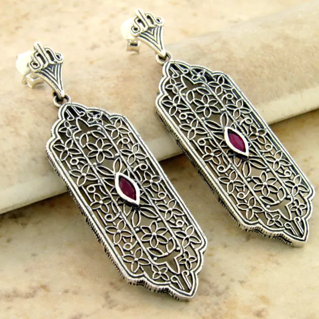 Genuine Ruby 925 Sterling Silver Art Deco Style Filigree Earrings           978X