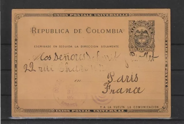 Kolumbien 2 C. Ganzsache Karte Bogota nach Paris/Frankreich, 1891 #1104282