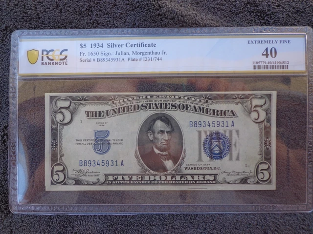 1934 $5 SILVER CERTIFICATE NOTE CURRENCY FR.1650 PCGS Extremely Fine 40