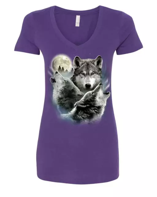 Howling Wolf Pack Women's V-Neck T-Shirt Wild Wilderness Animals Nature Moon