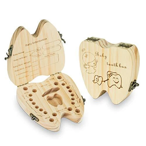 Baby Teeth Keepsake Box Tooth Fairy Holder Wooden First Lost Deciduoun