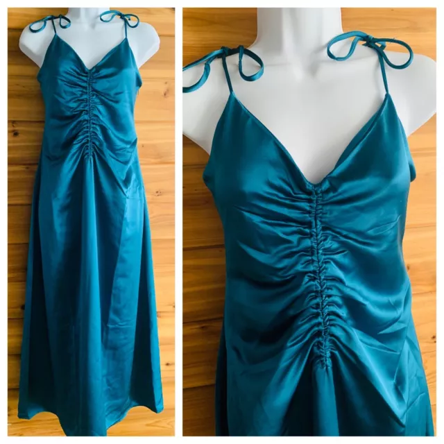 NWT Jason Wu Teal Satin Strappy Crisscross Back Shoulder Tie Slip Dress Maxi Med