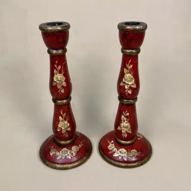 Antique Matching Pair of Wooden Candlestick Candle Stick Wood Hand Painted Red