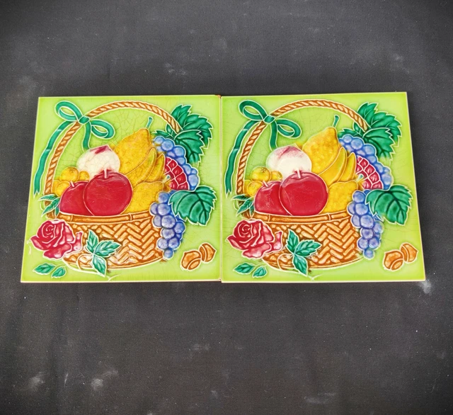 Vintage Rare Fruit Basket Embossed Unused 2 Pcs Architecture Tile Japan CT60