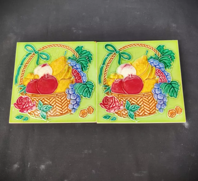 Vintage Raro Cesta de Frutas Relieve sin Usar 2 Piezas Arquitectura Azulejos