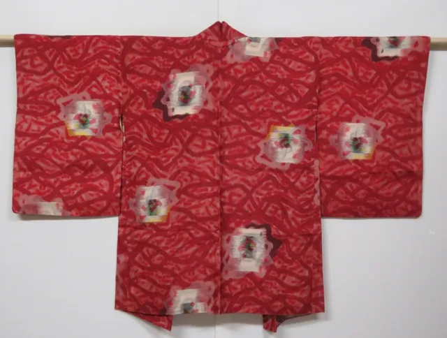 0817N05z410 Vintage Japanese Kimono Silk MEISEN HAORI Dark red
