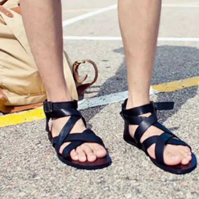 MEN GLADIATOR STRAPPY Sandals Open Toe High Top Roma Leather Beach ...