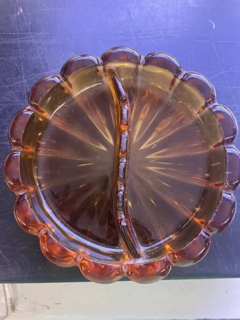 Vintage 8in Viking Art Glass Flower Ashtray Heavy MCM Amber Orange Persimmon