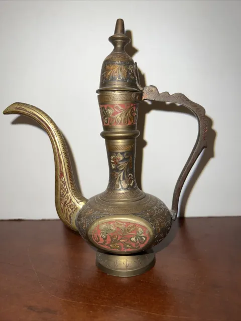 Vintage Solid Brass Teapot Genie Lamp Pitcher Made in India Tall Ornate Etched