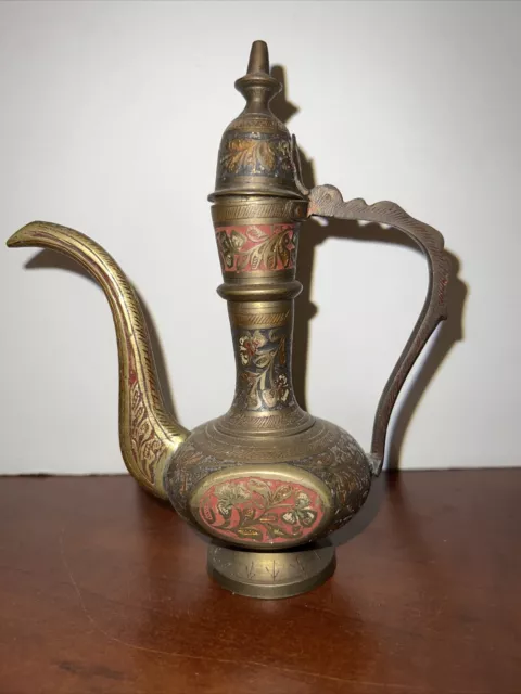 Vintage Solid Brass Teapot Genie Lamp Pitcher Made in India Tall Ornate Etched
