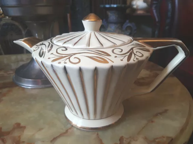 Antique Sadler England Teapot Ivory with Gold Trim Art Deco Tea Pot. Gorgeous.