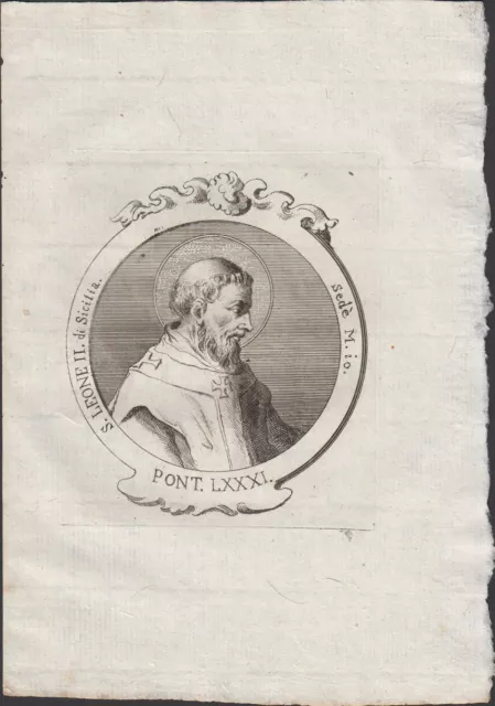 Stampa incisione Papa S. Leone di Sicilia Pont. LXXXI 1775 inc. G. B. Cavalieri