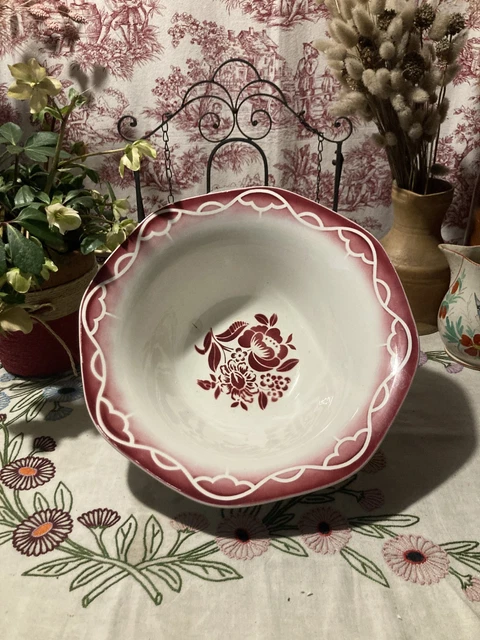 Ancien grand saladier en céramique blanc vintage art de la table coupe à fruits