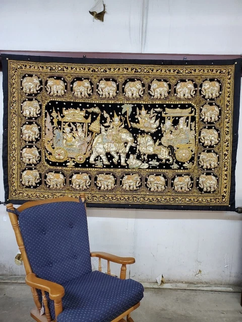 Vintage Thai Burmese Kalaga Tapestry, Hand-embroidered Wall Hanging Burma Velvet