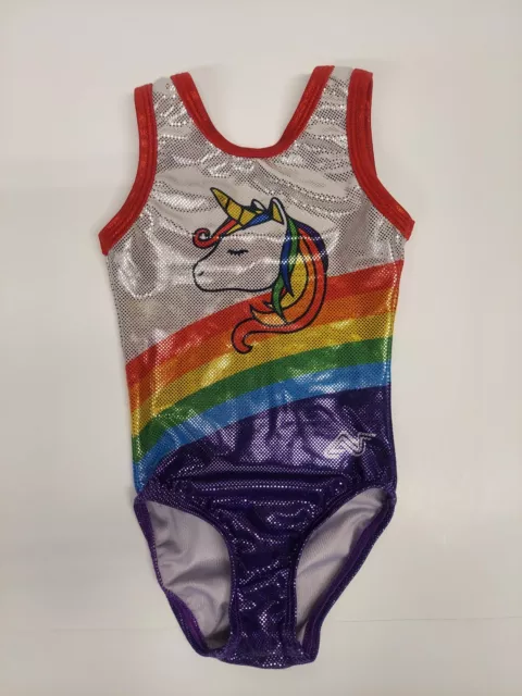 Aerials By Alpha Factor Gymnastics Leotard Unicorn Foil Rainbow CXS Child XS 2/3