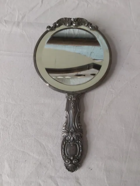Old Arts and Crafts Style Silver pewter Hallmarked Bird bevelled hand mirror
