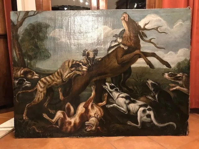 Dipinto ad Olio su Tela raffigurante Scena di Caccia al Cervo - Conservato